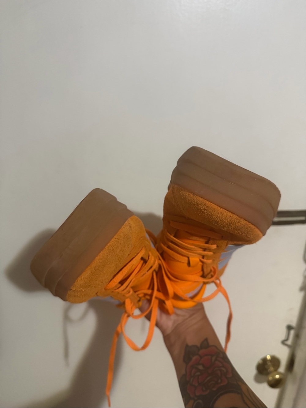 adidas women’s Orange Suede Sneakers with Purple Stripes - Picture 3 of 9